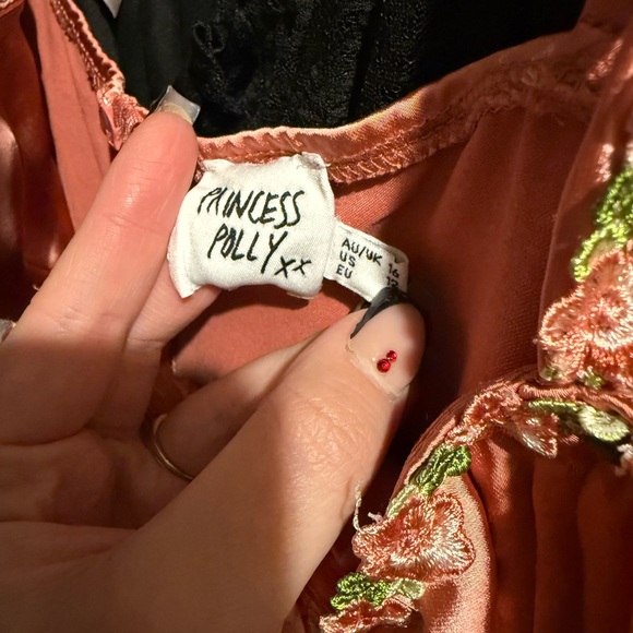 Princess Polly Coral Satin Slip Dress with Green Floral Embroidery - Picture 3 of 3